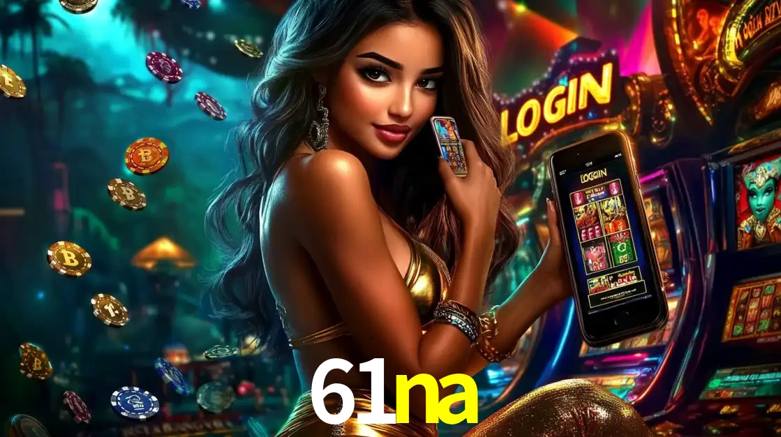 Mulher em um cenário de cassino temático de aventura, mostrando o app de caça-níqueis da 61na no celular. Fichas de apostas flutuam ao redor.