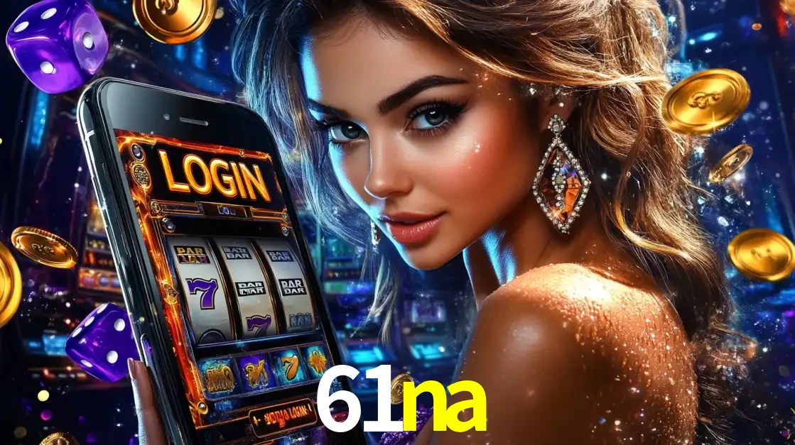 Mulher glamorosa segurando um smartphone com a tela de login para os jogos de caça-níqueis do cassino online 61na, com moedas de ouro e dados ao redor.