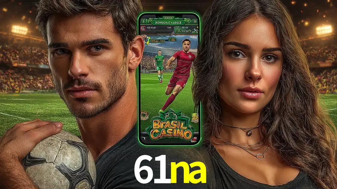 Homem segurando uma bola de futebol e uma mulher ao lado de um smartphone exibindo o jogo de apostas esportivas da 61na. Faça seu palpite no cassino online.